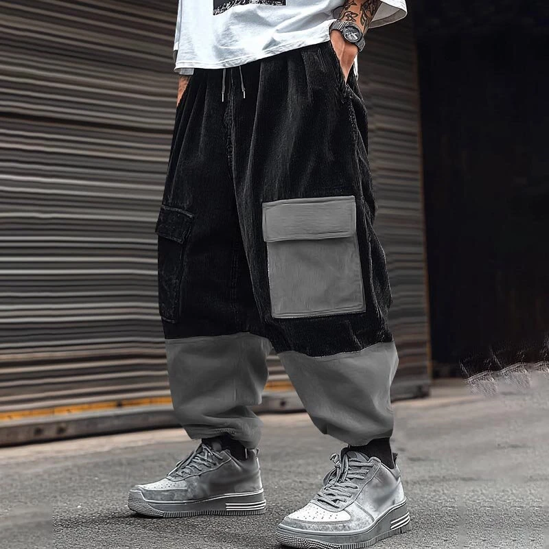 (image for) INCERUN Mens Corduroy Contrast Color Patchwork Casual Pant Comfy Casual Harem Pants Drawstring Elastic Waist Trousers for Male Large Size S-5XL