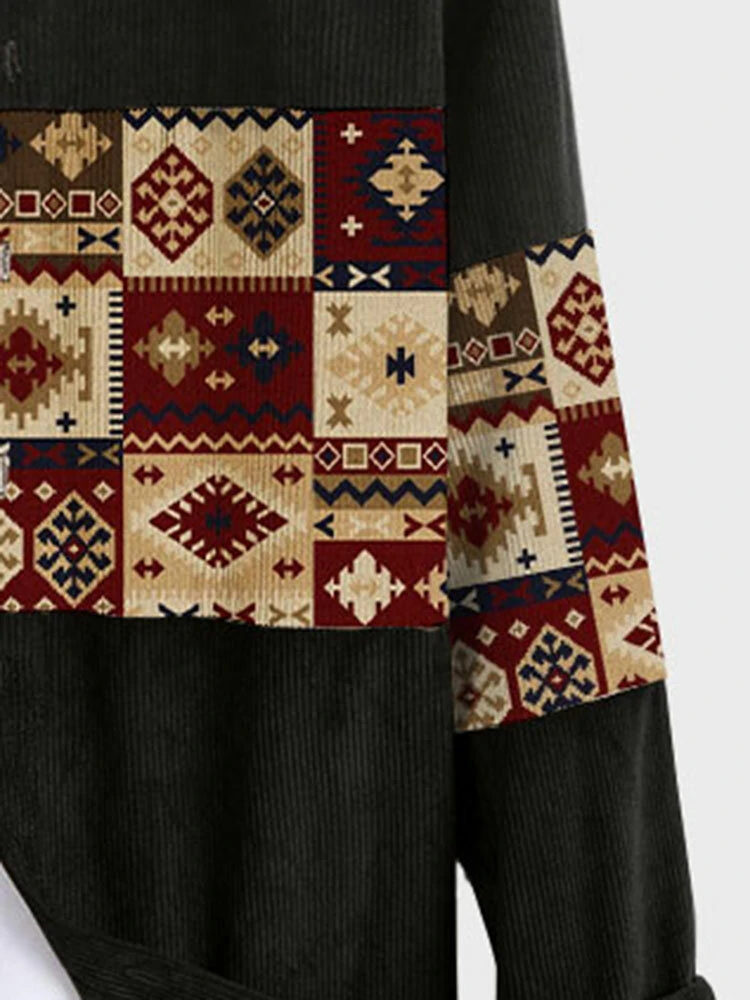 (image for) Mens Vintage Argyle Pattern Patchwork Ethnic Corduroy Long Sleeve Shirts